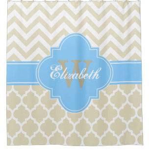 Beige Sky Blue White Moroccan #5 Chevron 1IQRN Shower Curtain