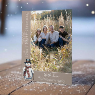 Beige Smiling Snowman Photo Holiday Card