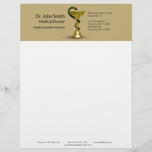 Beige Snake Bowl Medical Hygieia Gold Caduceus Custom Letterhead (Front)