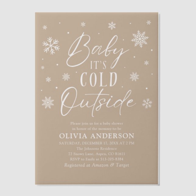 Beige Snowflake Baby It's Cold Outside Baby Shower Vellum Invitations (Front)