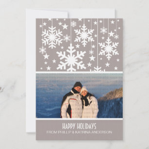 Beige Snowflakes Stars Holiday Photo Flat Card