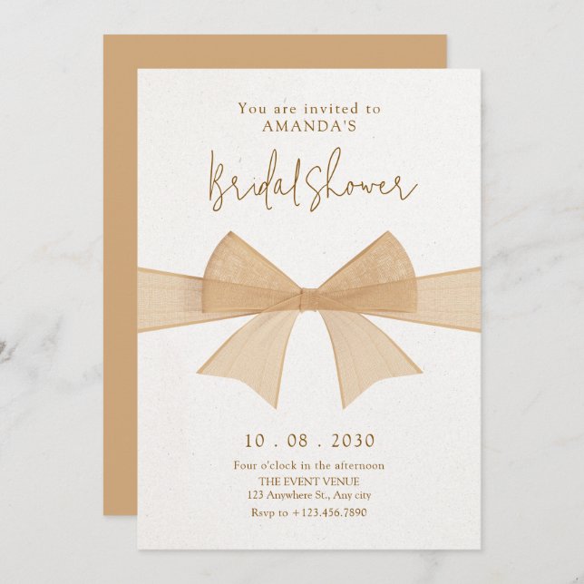 Beige soft brown bow bridal shower invitation (Front/Back)