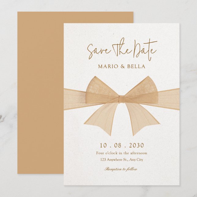 Beige soft brown bow wedding save the date (Front/Back)