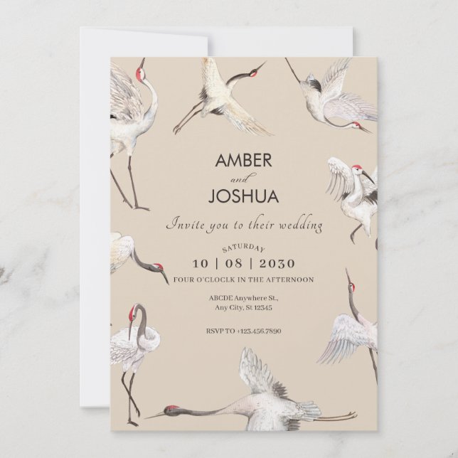 Beige soft Crane birds art wedding  Invitation (Front)