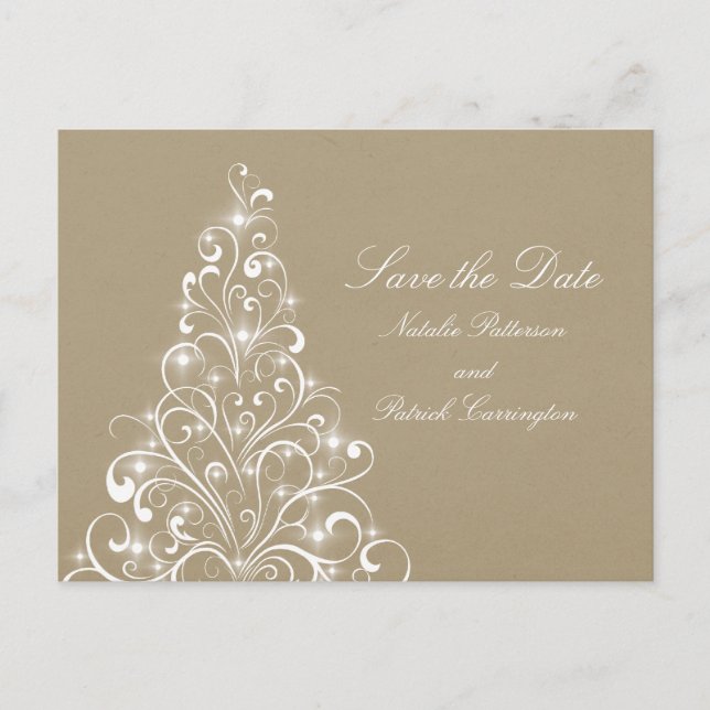 Beige Sparkly Holiday Tree Save the Date Postcard (Front)