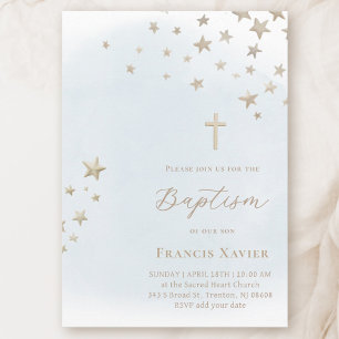 beige stars on pastel blue sky   Baptism  Invitation