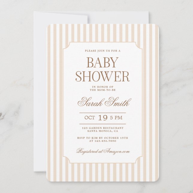 Beige Stripe Baby Shower Neutral Invitation (Front)