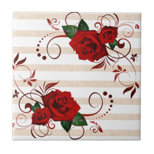 Beige Stripe Ceramic Tile Floral Red Rose