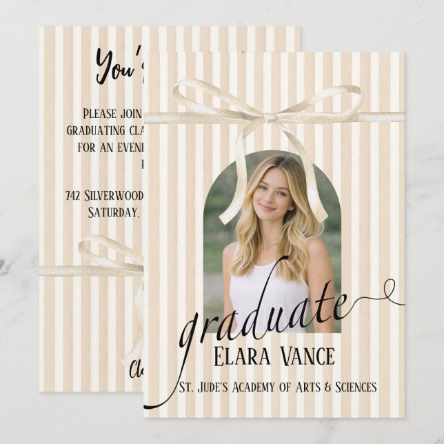 Beige Stripe Coquette Bow Graduation Invitation (Front/Back)