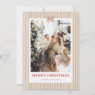 Beige Stripe Red Bow Christmas Photo Holiday Card