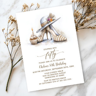 Beige Striped High Heel Shoes 50th Birthday Party Invitation