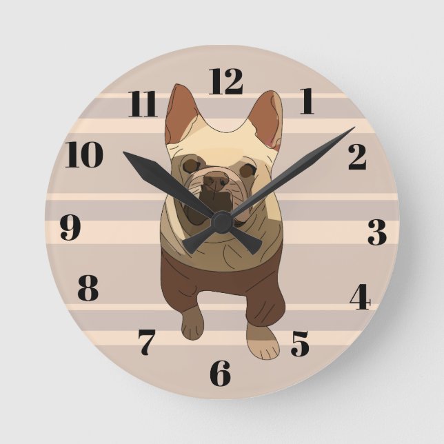 Beige Stripes French Bulldog Round Clock (Front)