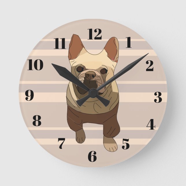 Beige Stripes French Bulldog Round Clock (Front)