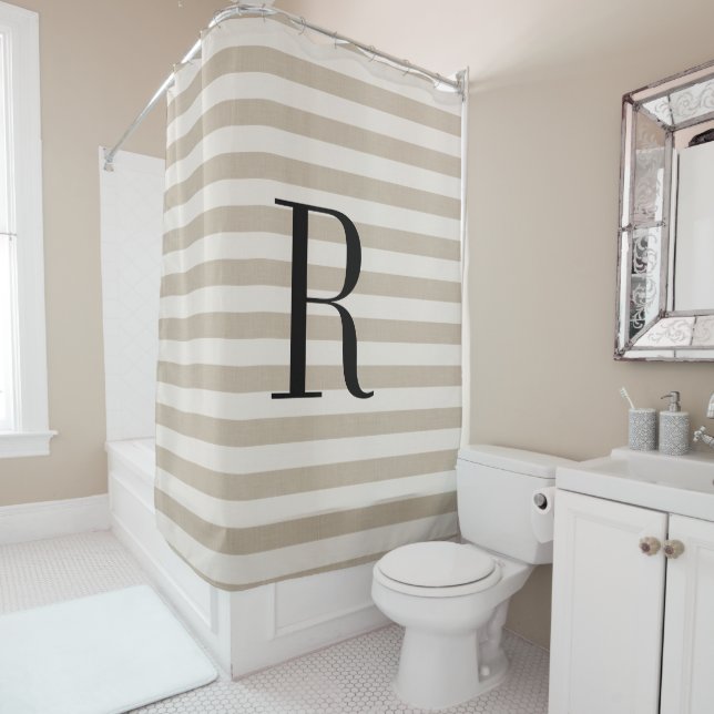 Beige Stripes Large Monogram | Farmhouse Bathroom Shower Curtain (In Situ)
