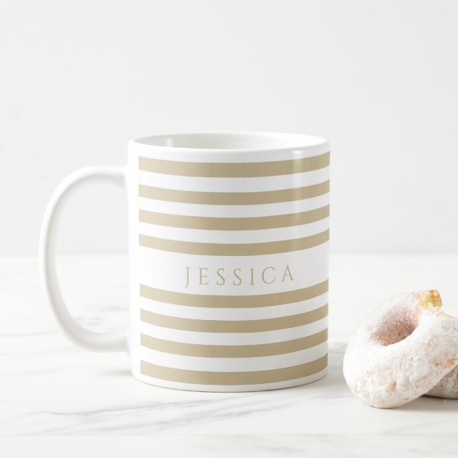 Beige Stripes Pattern Name Coffee Mug (With Donut)
