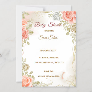 Beige Studded By Flowers Baby Shower Invitation