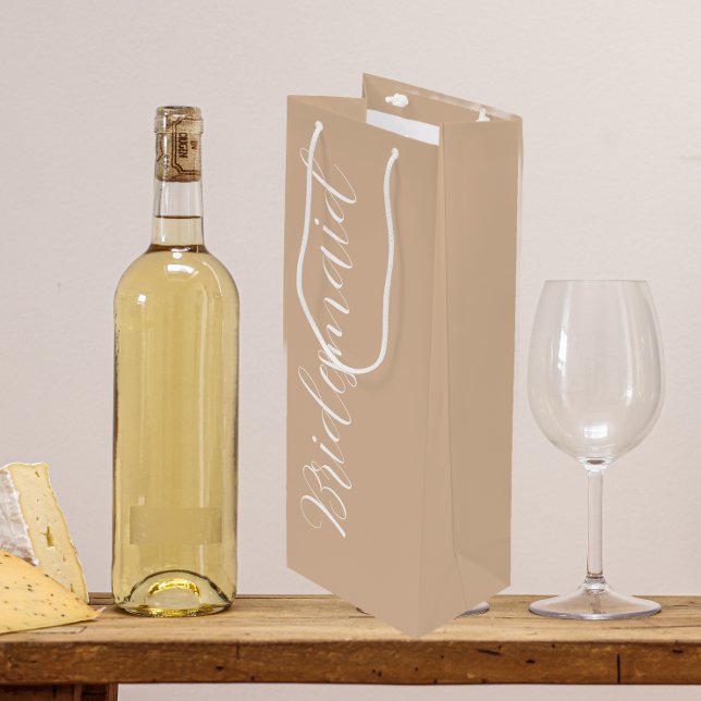 Beige Stylised Script Wedding Bridesmaid Wine Gift Bag (In Situ)