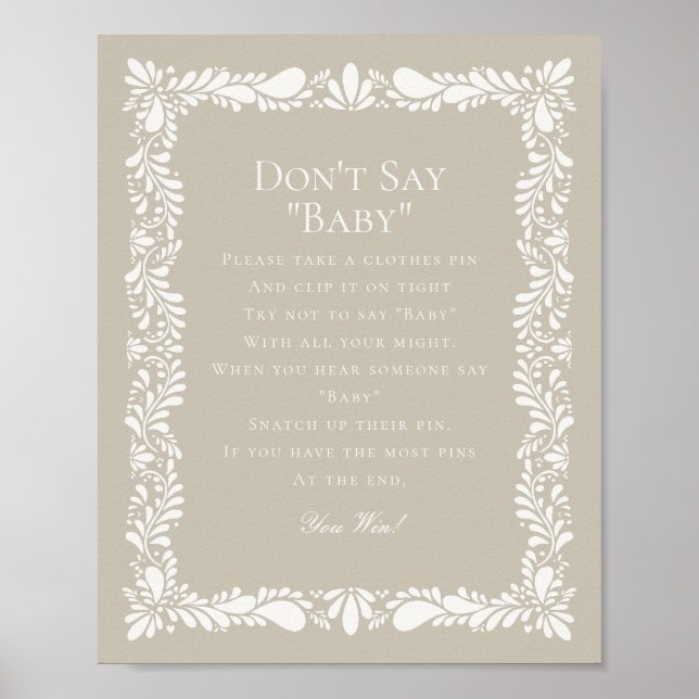 Beige Talavera Tile Dont Say Baby Shower Game Poster (Front)