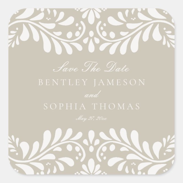 Beige Talavera Tile Fiesta Save the Date Envelope Square Sticker (Front)