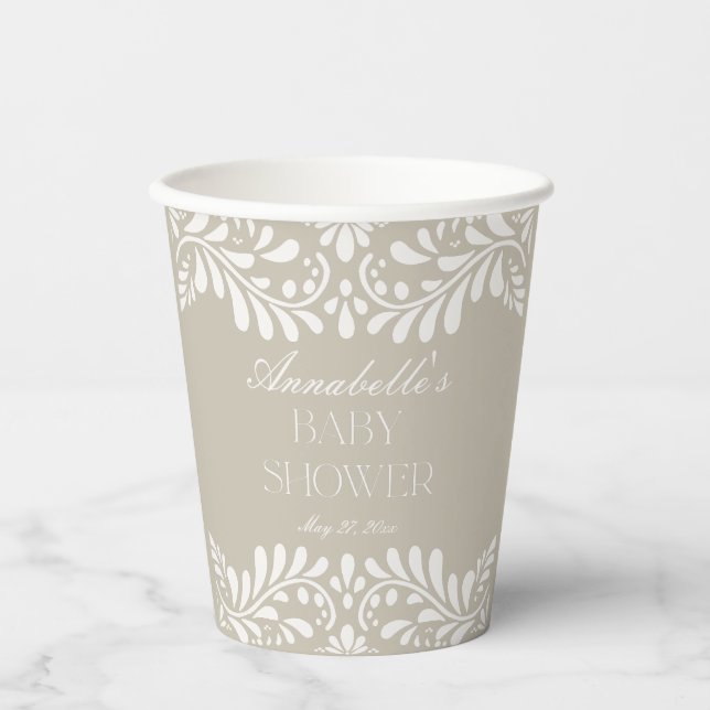Beige Talavera Tile Spanish Fiesta Baby Shower Paper Cups (Front)