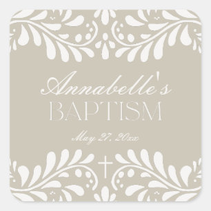 Beige Talavera Tile Spanish Fiesta Baptism Favour Square Sticker