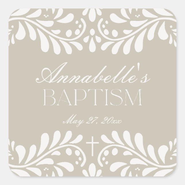 Beige Talavera Tile Spanish Fiesta Baptism Favour Square Sticker (Front)
