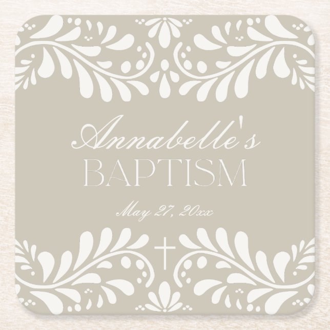 Beige Talavera Tile Spanish Fiesta Baptism Square Paper Coaster (Front)