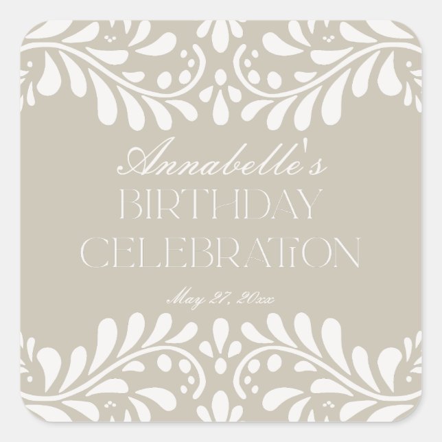 Beige Talavera Tile Spanish Fiesta Birthday Favour Square Sticker (Front)