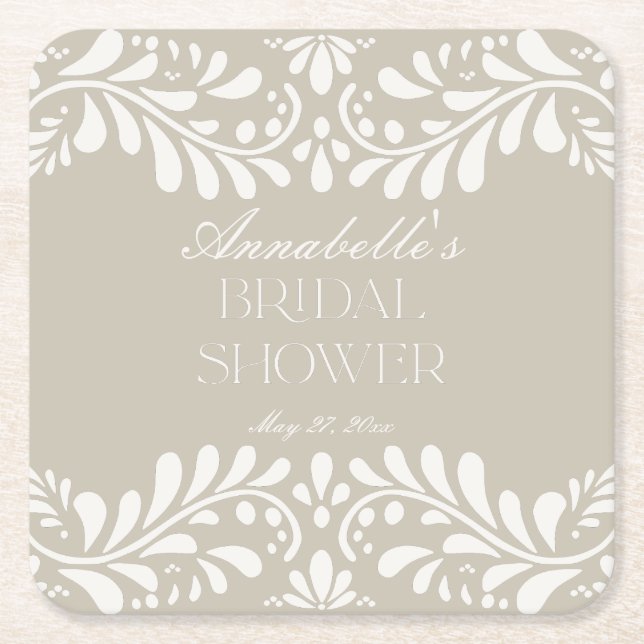 Beige Talavera Tile Spanish Fiesta Bridal Shower Square Paper Coaster (Front)