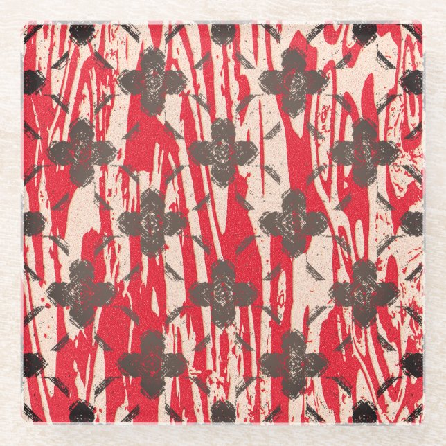 Beige, Tan, and Red Pattern Flowers Glass Coaster (Front)