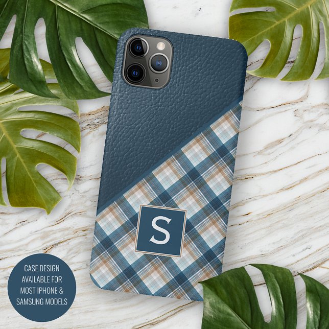 Beige Tan Brown Dark Blue Plaid Gingham Pattern Case-Mate iPhone Case (Creator Uploaded)