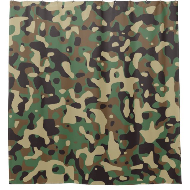 Beige, Tan Brown, Green, Dark Grey Camo Camouflage Shower Curtain (Front)