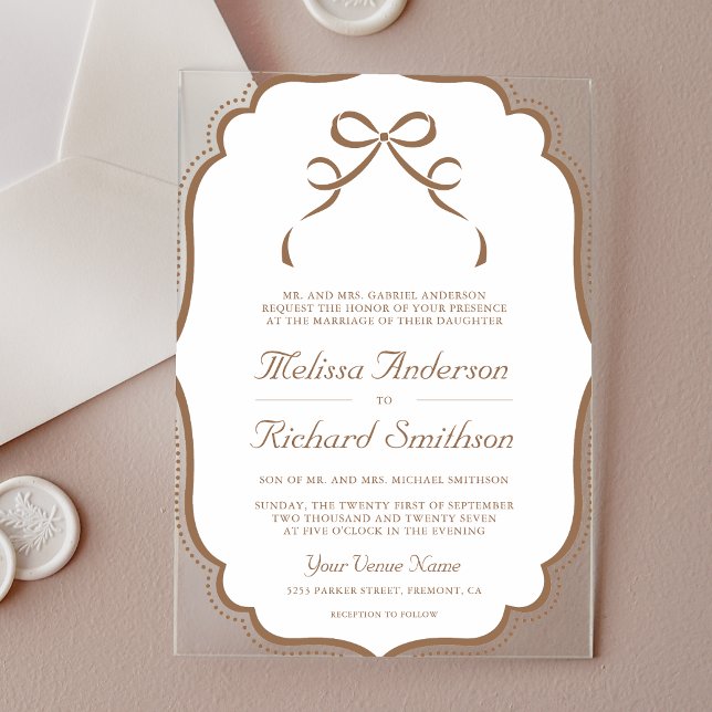 Beige Tan Coquette Bow Wedding Acrylic Invitations (Creator Uploaded)