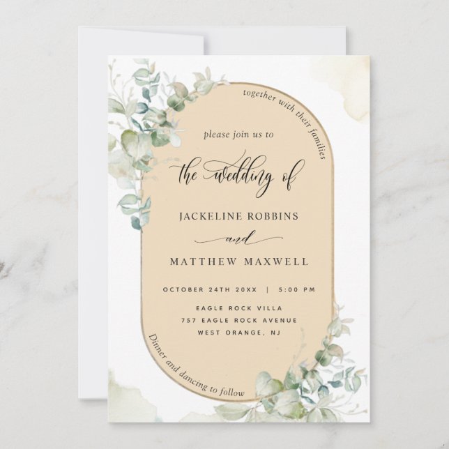 Beige Tan, Eucalyptus Oval Arch, Greenery Wedding Invitation (Front)
