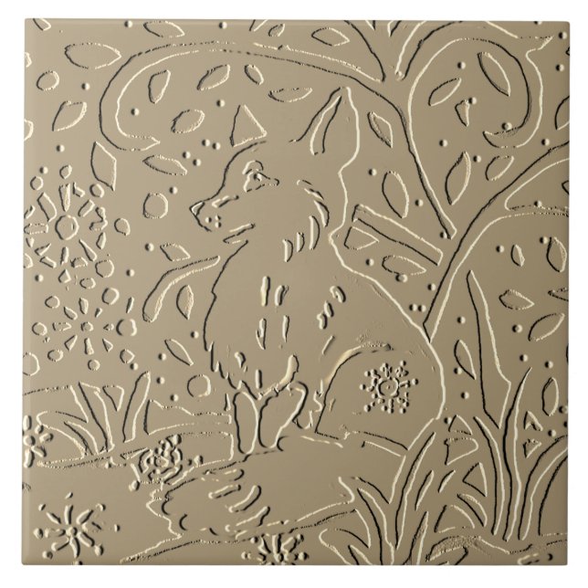 Beige Tan Fox Embossed Woodland Foliage Winter Tile (Front)