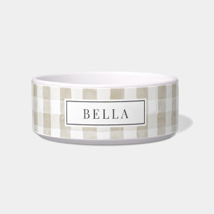 Beige/Tan Gingham Plaid Name Pet Bowl