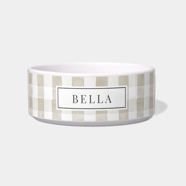 Beige/Tan Gingham Plaid Name Pet Bowl (Front)