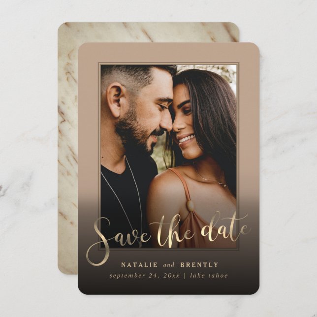 Beige Tan Gold Script & Marble Photo Overlay Save The Date (Front/Back)