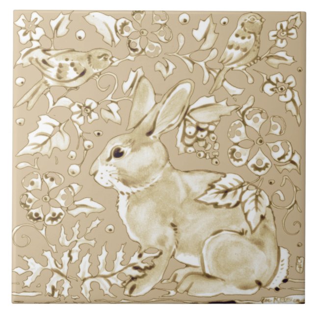Beige Tan Ivory Bunny Rabbit Bird Floral Leaf Tile (Front)
