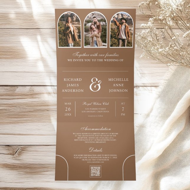 Beige Tan Minimal Arch Photo QR code Wedding Tri-Fold Invitation (Creator Uploaded)