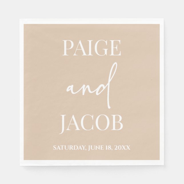Beige Tan Minimal Minimalist Custom Names Wedding Napkin (Front)