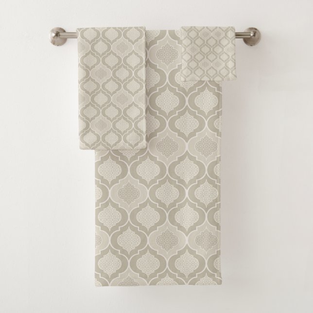 Beige Tan Moroccan Tile Pattern Bath Towel Set (Insitu)