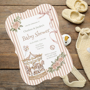 Beige/Tan Watercolor Horse Carousel Baby Shower Invitation