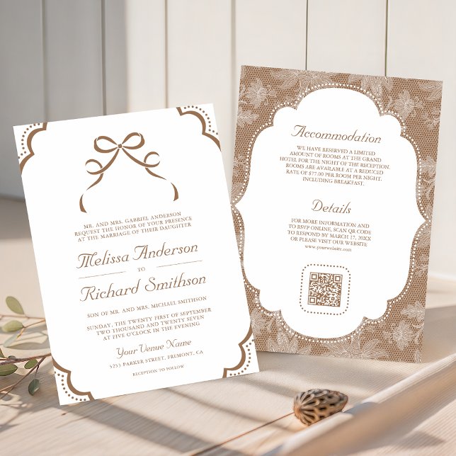 Beige Tan White Lace Coquette Bow QR Code Wedding Invitation (Creator Uploaded)