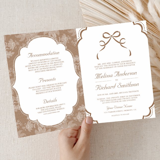 Beige Tan White Lace Coquette Bow QR Code Wedding Invitation (Creator Uploaded)