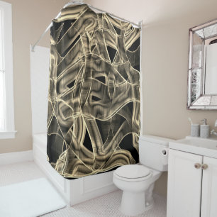 Beige tape-shaped curves, contrasted relief lines shower curtain