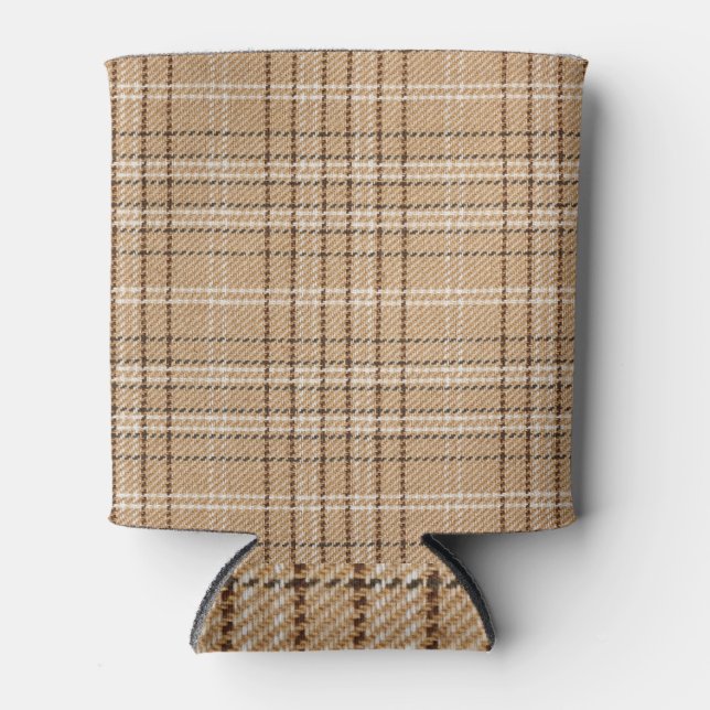 Beige Tartan: Classic Plaid Weave. Can Cooler (Front)