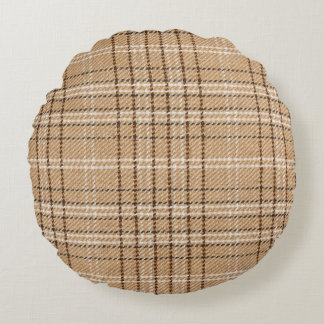 Beige Tartan: Classic Plaid Weave. Round Cushion