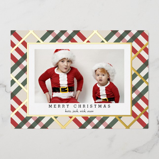 Beige Tartan Plaid Christmas Foil Holiday Card (Front)