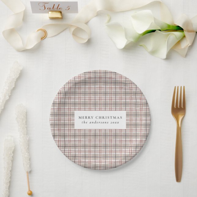 Beige Tartan Plaid Christmas Paper Plate (Wedding)